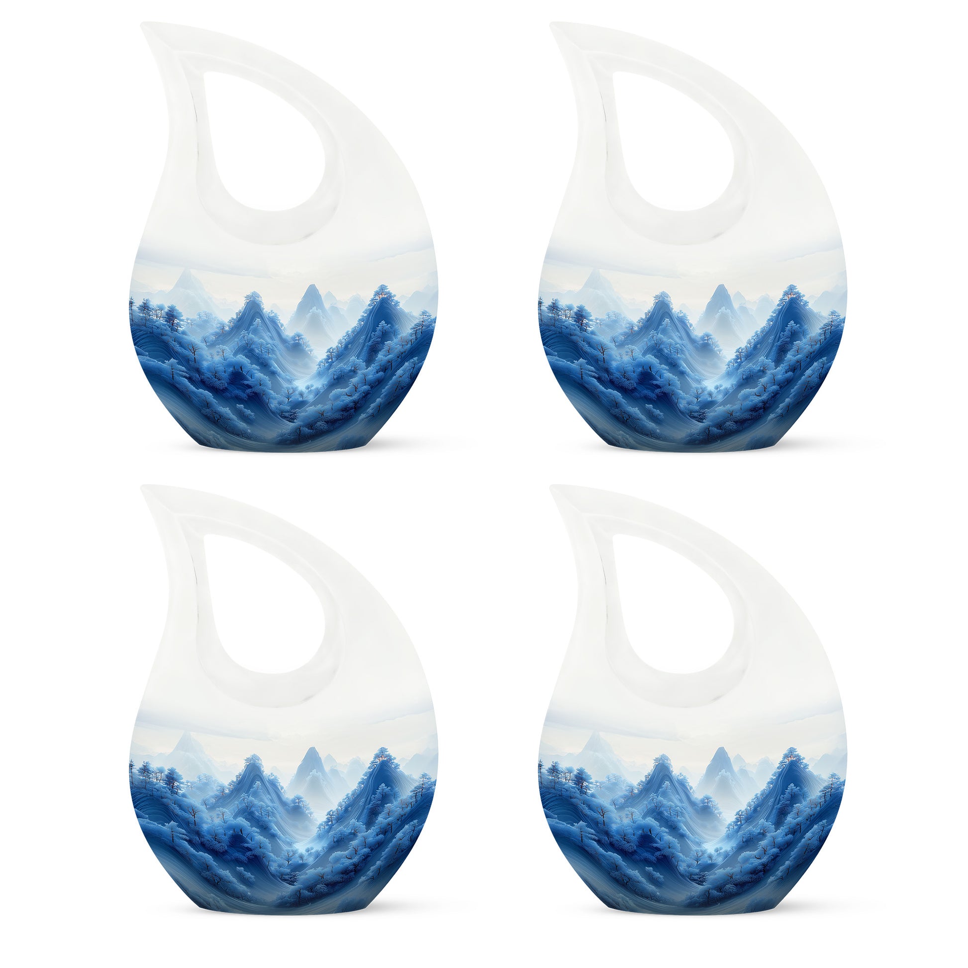 Frosted Silver Blue Cremation Urn lifestyle display on memorial shelf - faith-inspired cross-drop urn with blue pattern - 10 inch aluminum urn for cremated remains