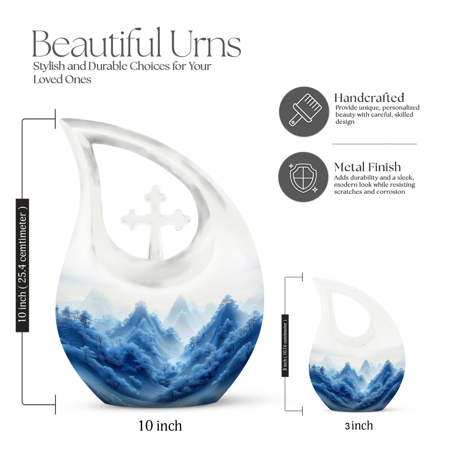 Satin Silver Blue Cremation Urn back view with polished surface - cross and blue combined in spiritual memorial design - mini keepsake memorial for portion of cremation ashes