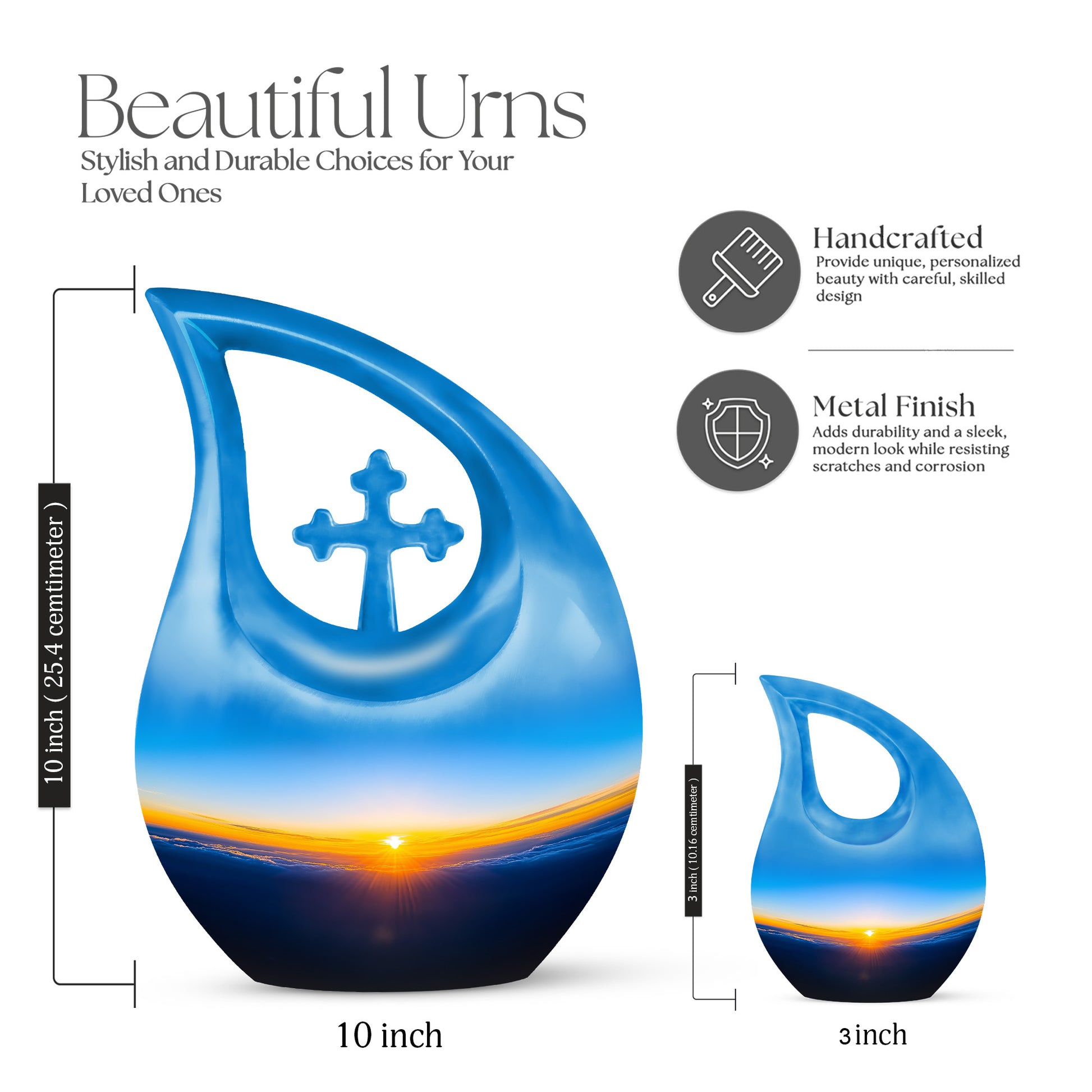 Icy Blue Blue Cremation Urn back view with polished surface - cross and blue combined in spiritual memorial design - mini keepsake memorial for portion of cremation ashes