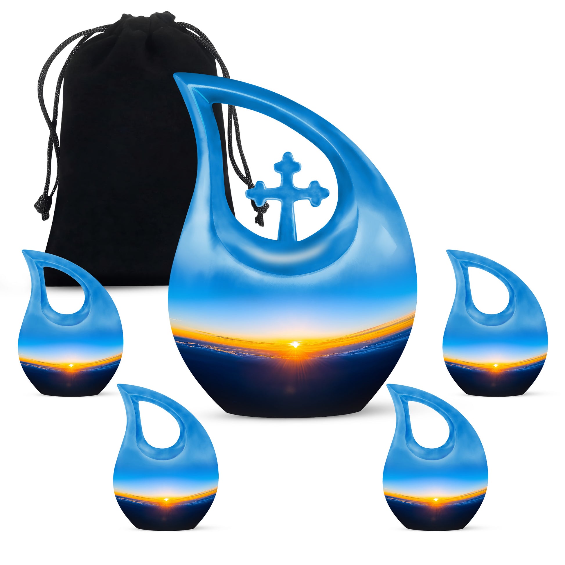 Indigo Blue Cremation Urn urn with complimentary velvet bag - cross and blue combined in spiritual memorial design - memorial set with one large and four small urns