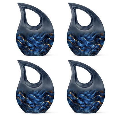 Sapphire Blue Blue Cremation Urn lifestyle display on memorial shelf - faith-inspired cross-drop urn with blue pattern - 10 inch aluminum urn for cremated remains