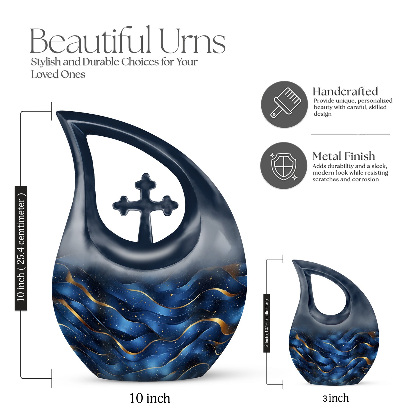 Powder Blue Blue Cremation Urn back view with polished surface - sacred cross merged with blue motif on metal - mini keepsake memorial for portion of cremation ashes