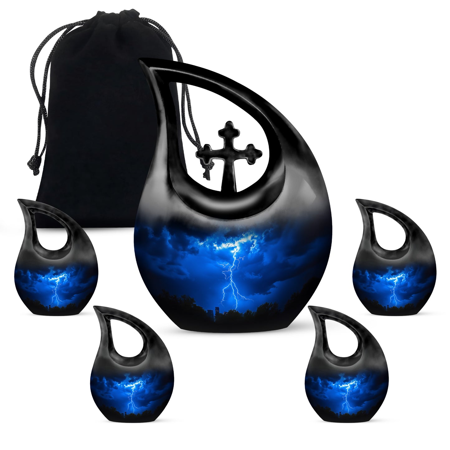 Royal Blue Blue Cremation Urn urn with complimentary velvet bag - faith-inspired cross-drop urn with blue pattern - memorial set with one large and four small urns