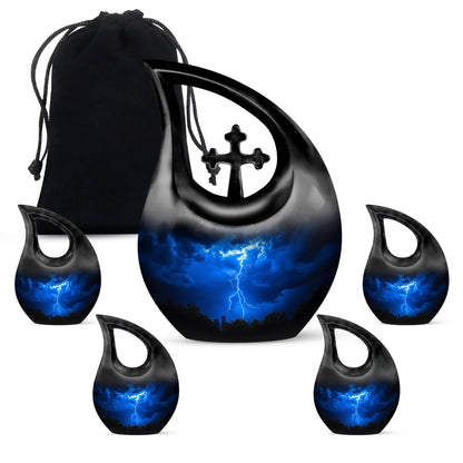 Royal Blue Blue Cremation Urn urn with complimentary velvet bag - faith-inspired cross-drop urn with blue pattern - memorial set with one large and four small urns