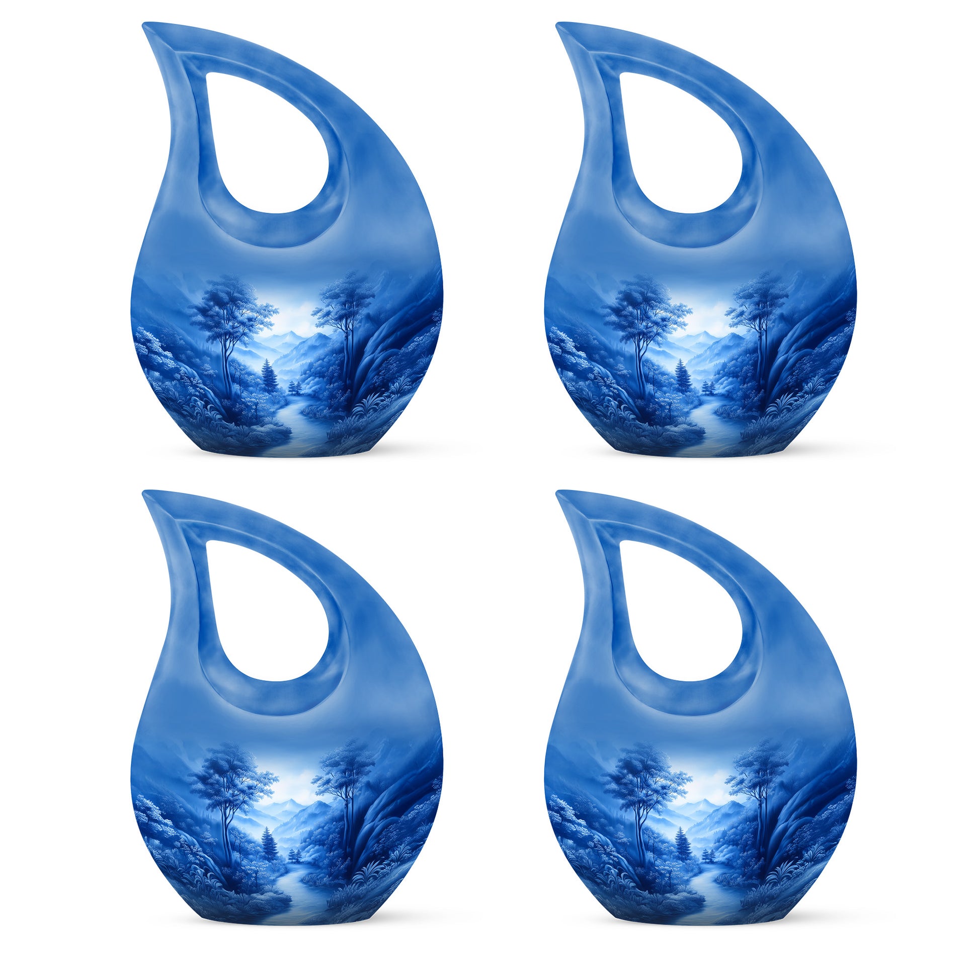 Indigo Blue Cremation Urn lifestyle display on memorial shelf - sacred cross merged with blue motif on metal - 10 inch aluminum urn for cremated remains