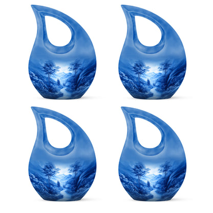 Indigo Blue Cremation Urn lifestyle display on memorial shelf - sacred cross merged with blue motif on metal - 10 inch aluminum urn for cremated remains