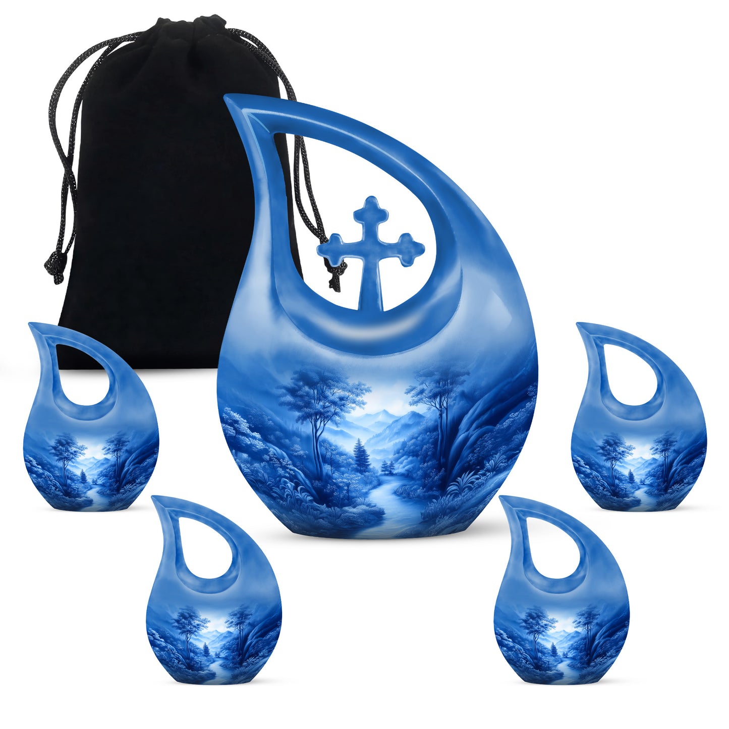 Soft Blue Blue Cremation Urn urn with complimentary velvet bag - devotional cross-drop blue engraving - memorial set with one large and four small urns