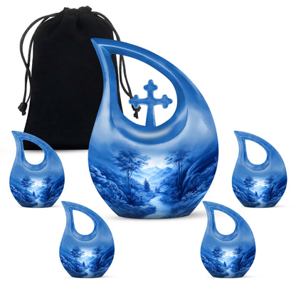 Soft Blue Blue Cremation Urn urn with complimentary velvet bag - devotional cross-drop blue engraving - memorial set with one large and four small urns