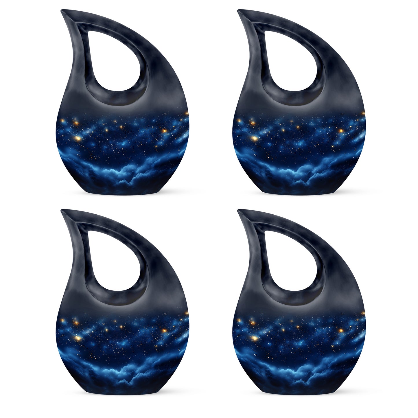 Serene Blue Blue Cremation Urn lifestyle display on memorial shelf - faith-inspired cross-drop urn with blue pattern - 10 inch aluminum urn for cremated remains