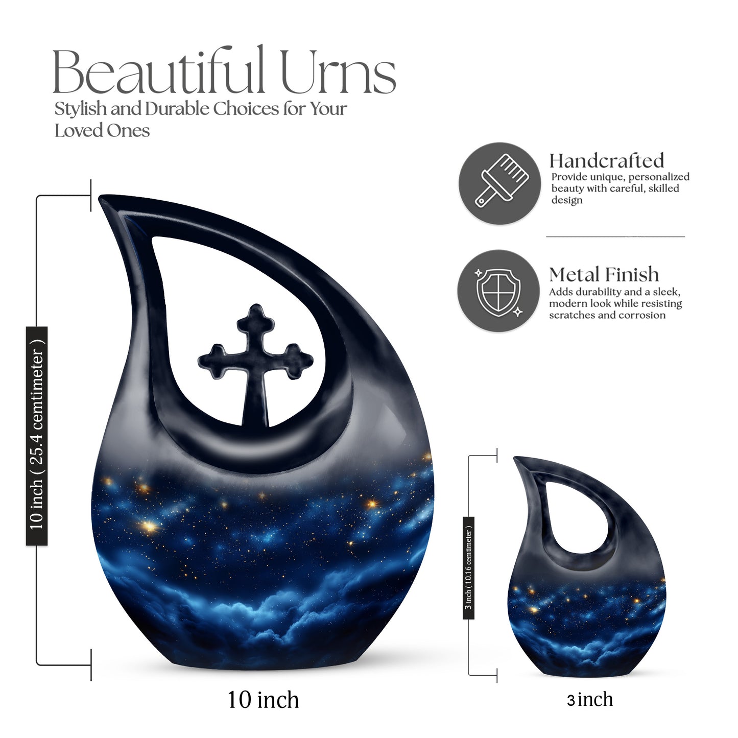 Dusty Blue Blue Cremation Urn back view with polished surface - cross and blue combined in spiritual memorial design - mini keepsake memorial for portion of cremation ashes