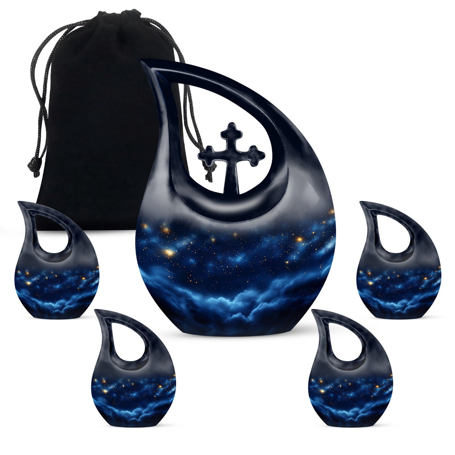 Misty Blue Blue Cremation Urn urn with complimentary velvet bag - cross and blue combined in spiritual memorial design - memorial set with one large and four small urns