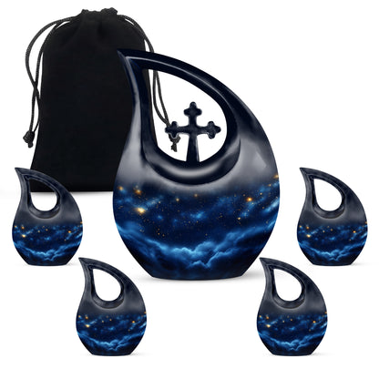 Misty Blue Blue Cremation Urn urn with complimentary velvet bag - cross and blue combined in spiritual memorial design - memorial set with one large and four small urns