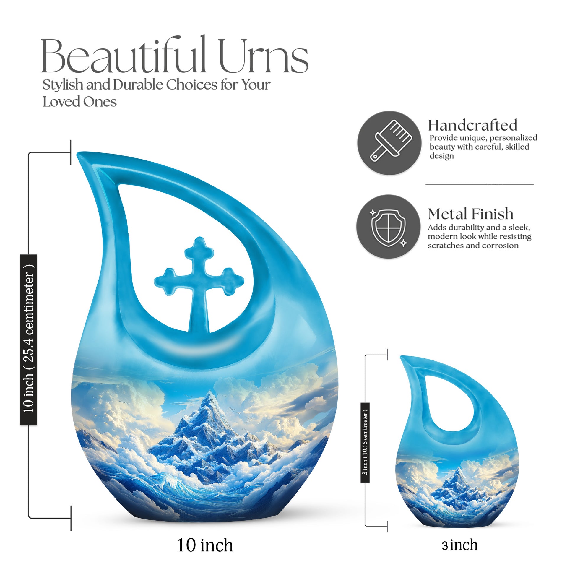 Cobalt Blue Blue Cremation Urn back view with polished surface - faith-inspired cross-drop urn with blue pattern - mini keepsake memorial for portion of cremation ashes