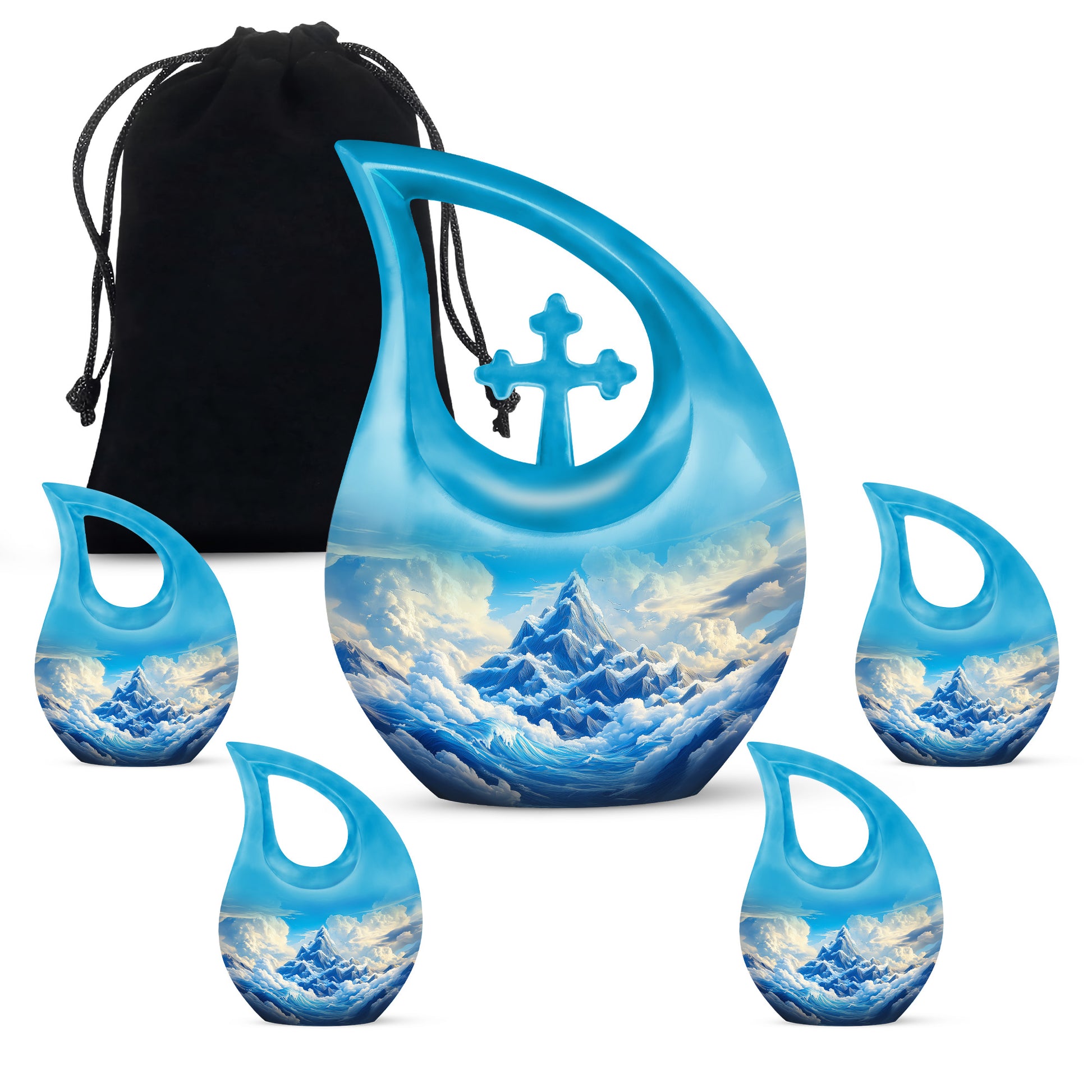 Misty Blue Blue Cremation Urn urn with complimentary velvet bag - cross and blue combined in spiritual memorial design - memorial set with one large and four small urns
