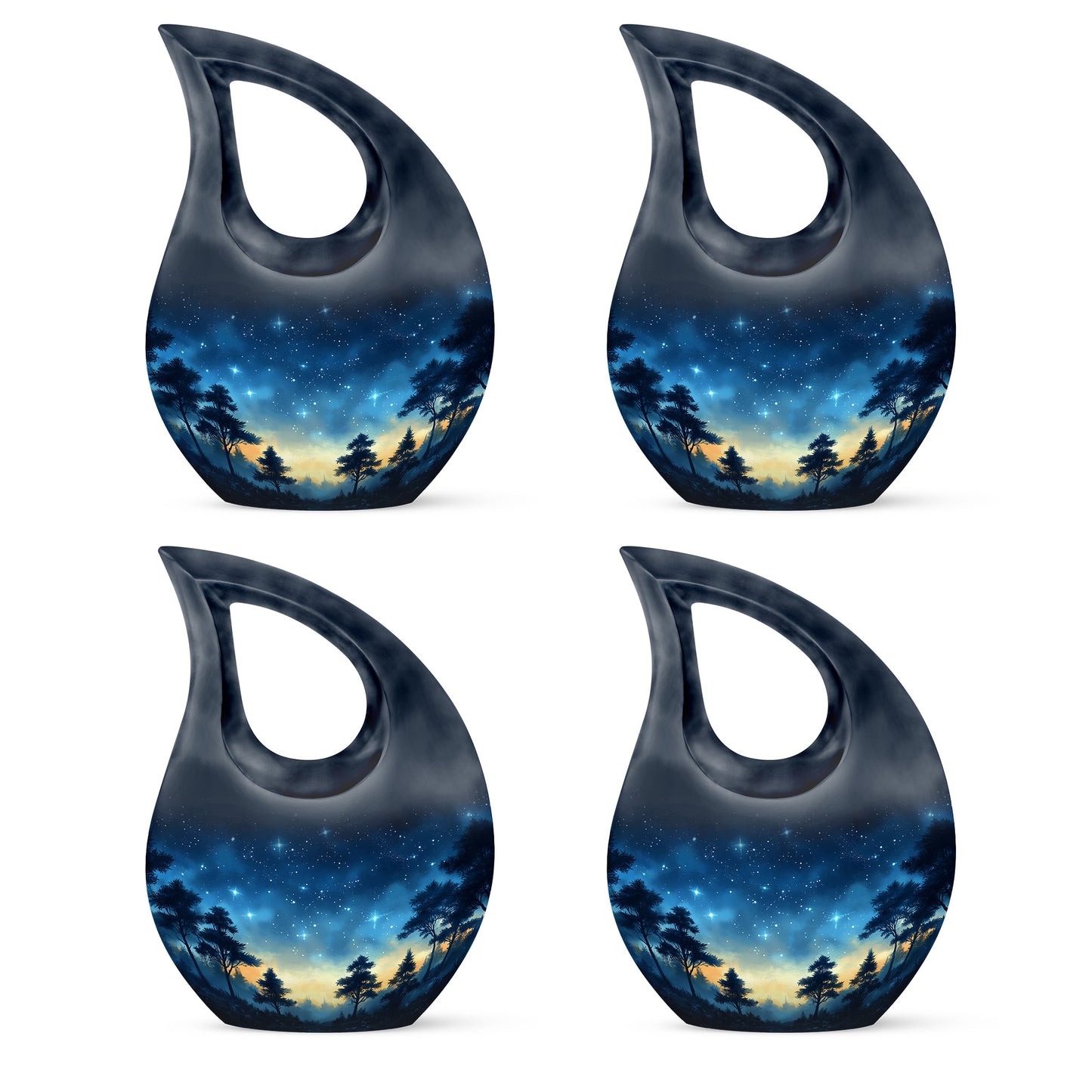Celestial Blue Blue Cremation Urn lifestyle display on memorial shelf - sacred cross merged with blue motif on metal - 10 inch aluminum urn for cremated remains