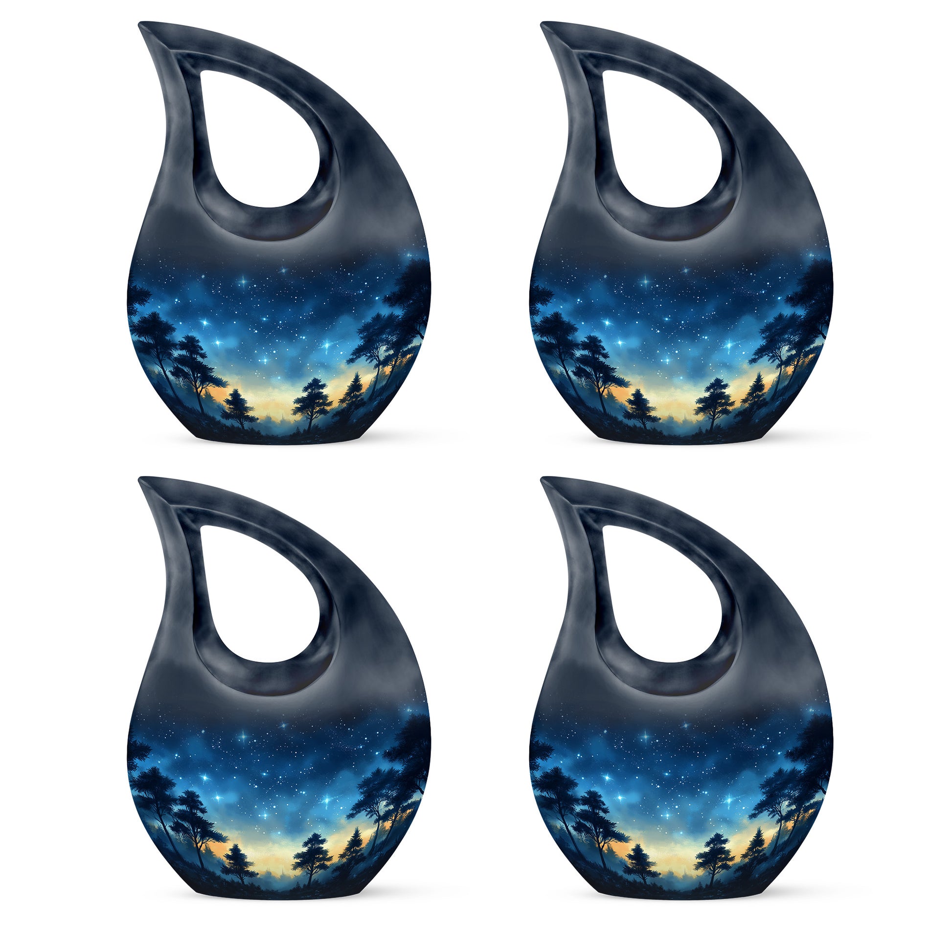Celestial Blue Blue Cremation Urn lifestyle display on memorial shelf - sacred cross merged with blue motif on metal - 10 inch aluminum urn for cremated remains