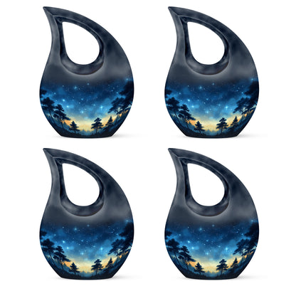 Celestial Blue Blue Cremation Urn lifestyle display on memorial shelf - sacred cross merged with blue motif on metal - 10 inch aluminum urn for cremated remains