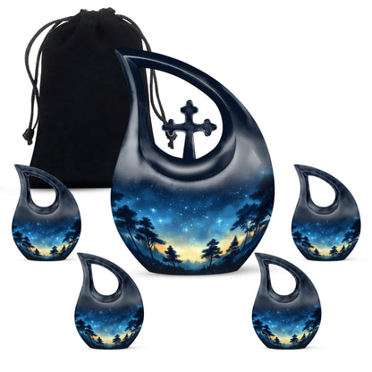 Icy Blue Blue Cremation Urn urn with complimentary velvet bag - cross and blue combined in spiritual memorial design - memorial set with one large and four small urns