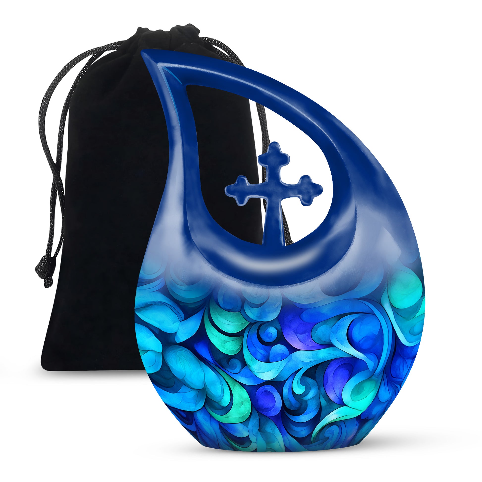 Celestial Blue Blue Cremation Urn top-down view of secure threaded lid - cross and blue combined in spiritual memorial design - full-size 10 inch 200 cubic inch adult cremation urn