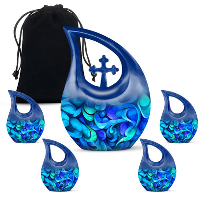 Sky Blue Blue Cremation Urn urn with complimentary velvet bag - cross and blue combined in spiritual memorial design - memorial set with one large and four small urns
