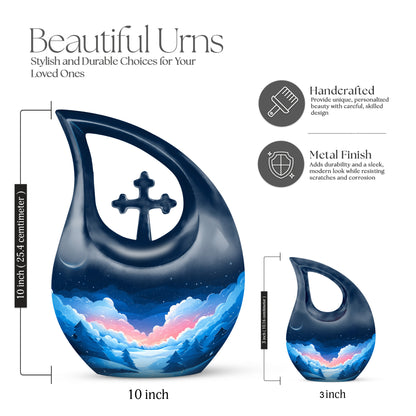 Cornflower Blue Blue Cremation Urn back view with polished surface - faith-inspired cross-drop urn with blue pattern - mini keepsake memorial for portion of cremation ashes