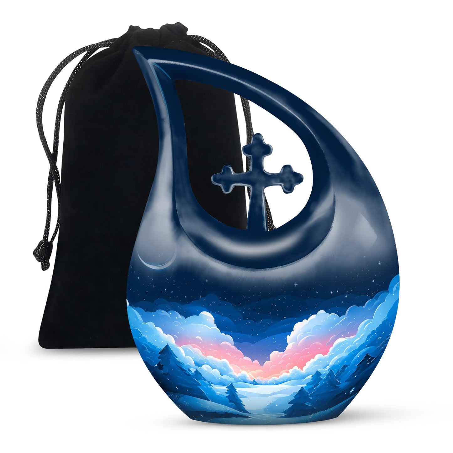 Navy Blue Blue Cremation Urn top-down view of secure threaded lid - sacred cross merged with blue motif on metal - full-size 10 inch 200 cubic inch adult cremation urn
