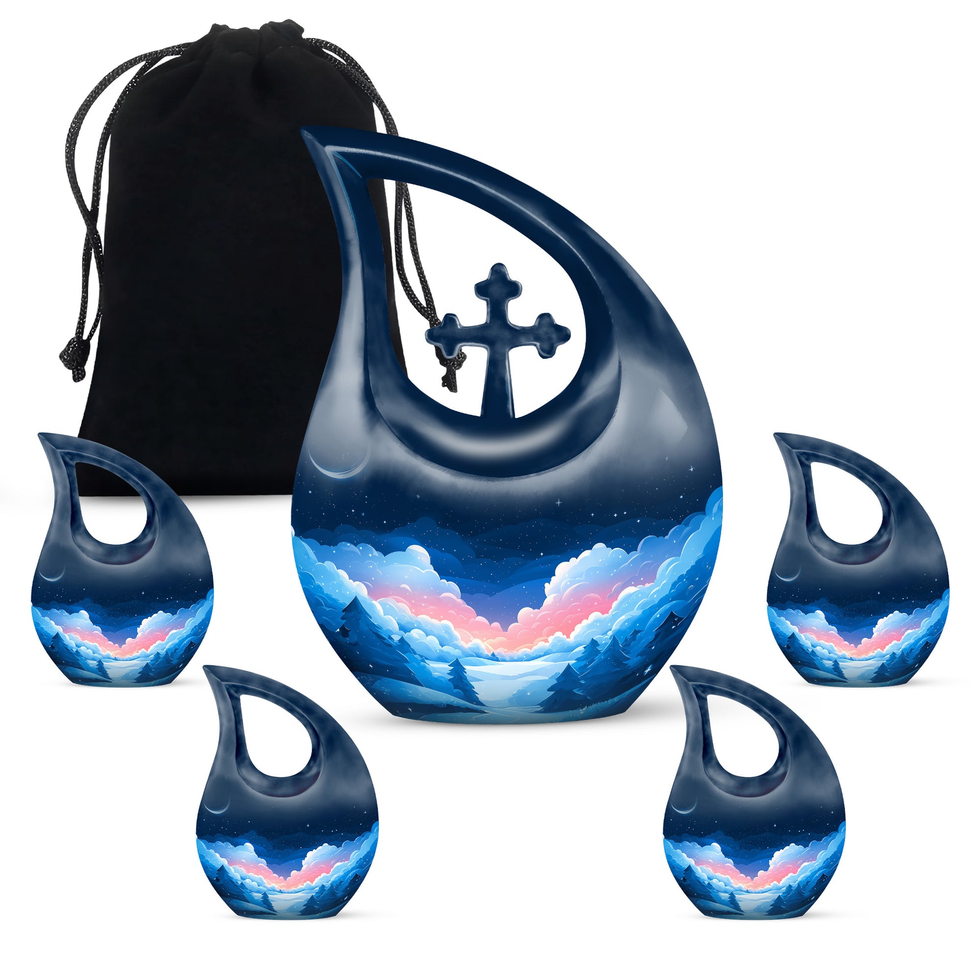 Icy Blue Blue Cremation Urn urn with complimentary velvet bag - cross and blue combined in spiritual memorial design - memorial set with one large and four small urns