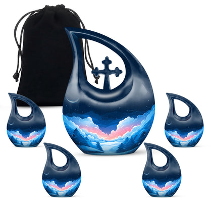 Icy Blue Blue Cremation Urn urn with complimentary velvet bag - cross and blue combined in spiritual memorial design - memorial set with one large and four small urns