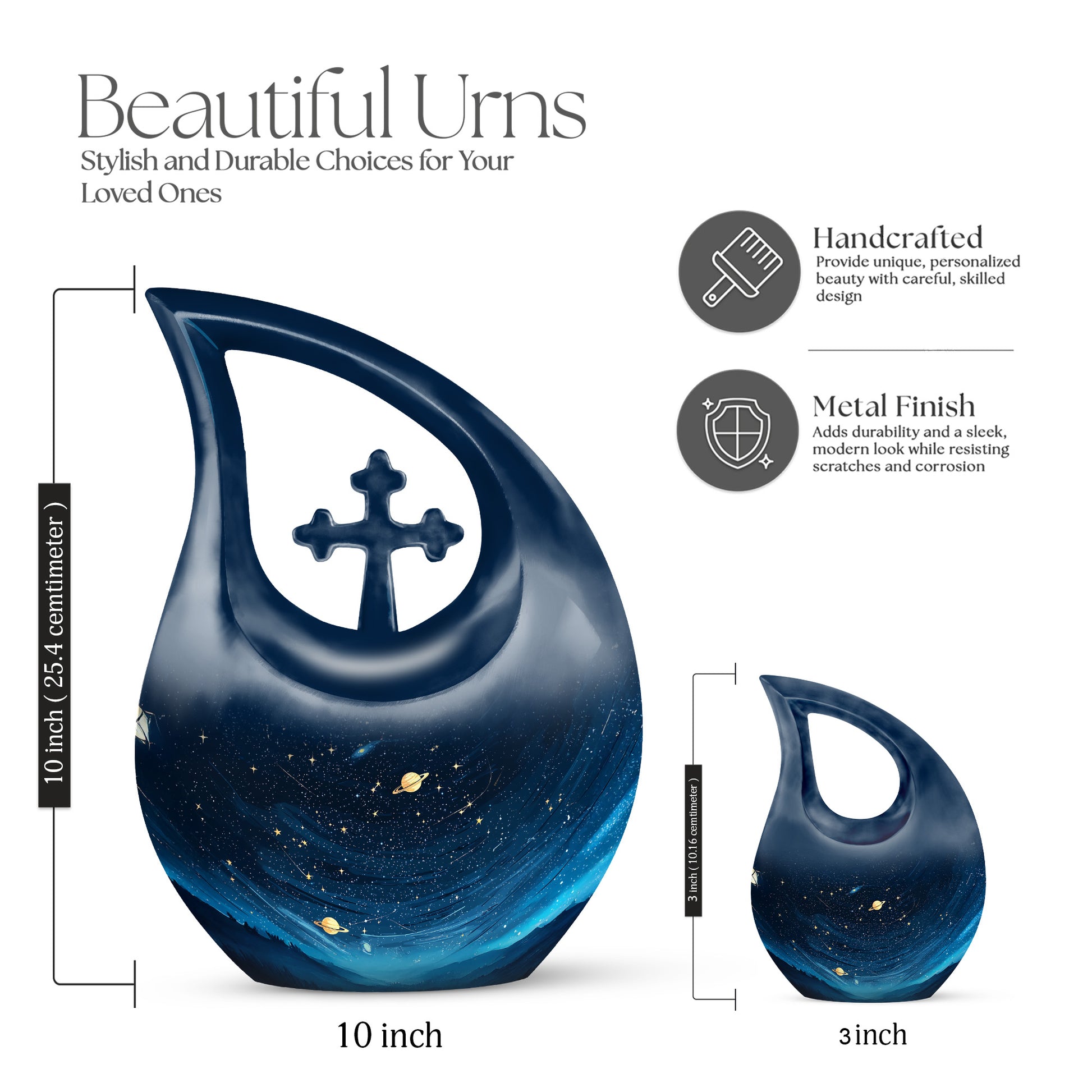 Midnight Black Blue Cremation Urn back view with polished surface - devotional cross-drop blue engraving - mini keepsake memorial for portion of cremation ashes