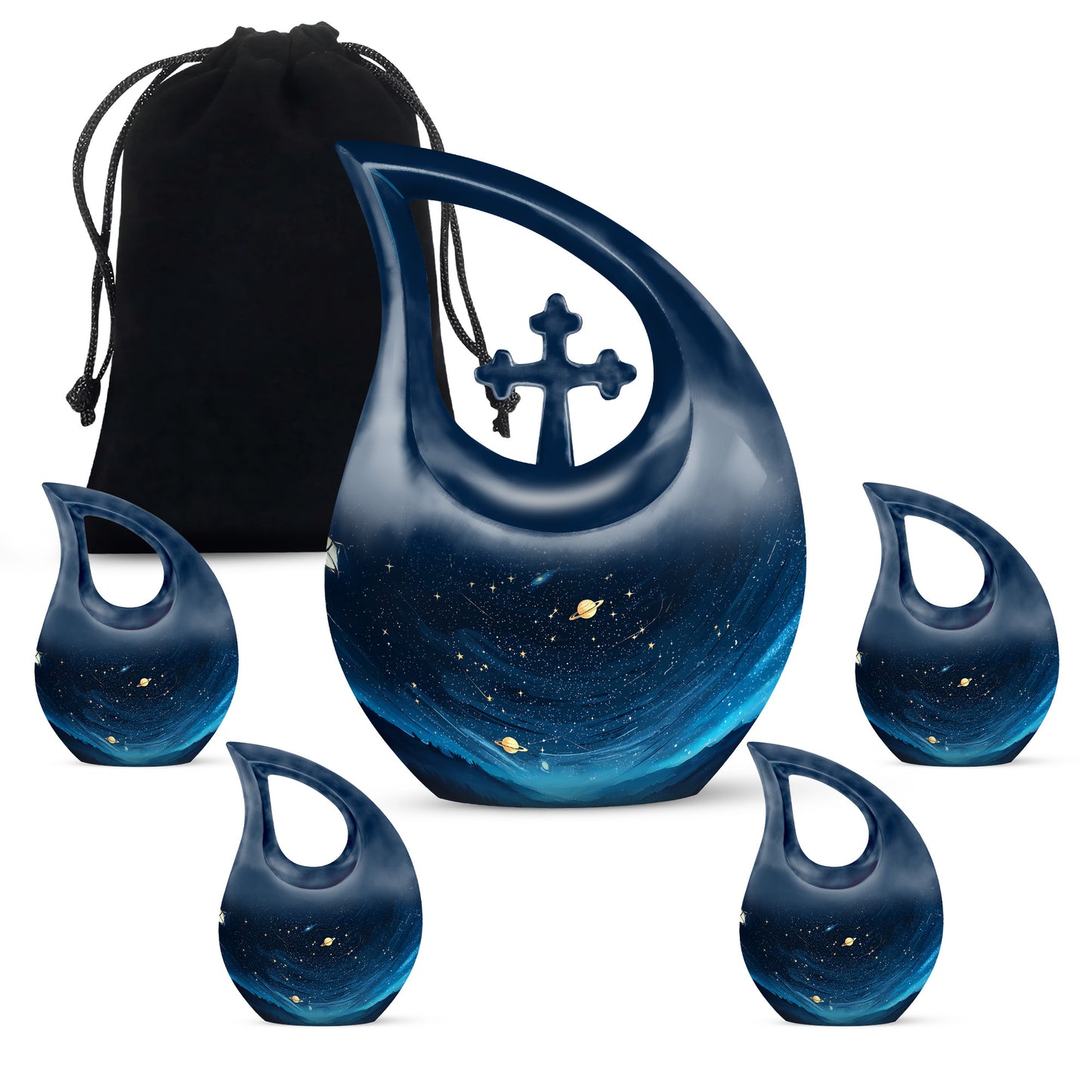 Glossy Black Blue Cremation Urn urn with complimentary velvet bag - sacred cross merged with blue motif on metal - memorial set with one large and four small urns