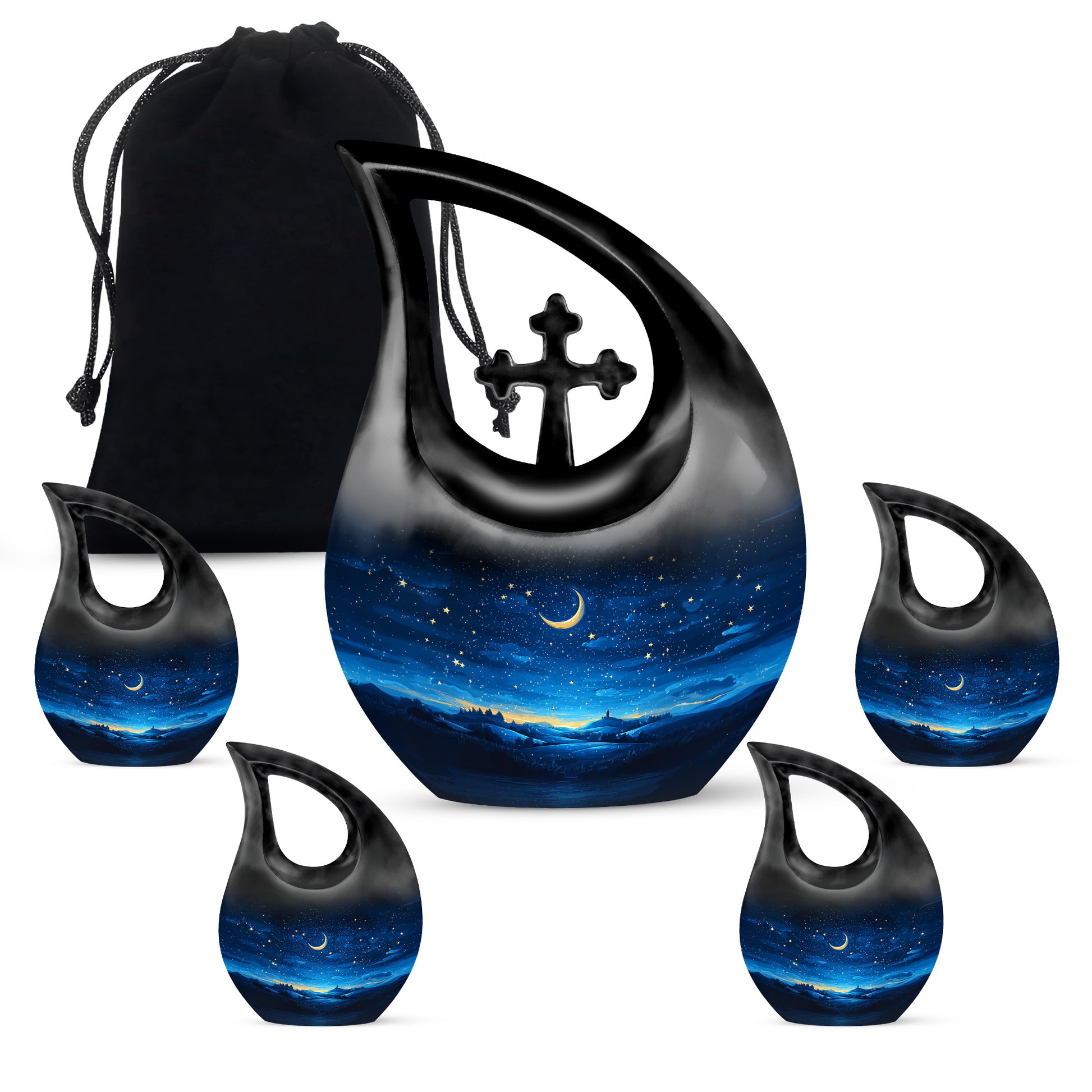 Royal Blue Blue Cremation Urn urn with complimentary velvet bag - faith-inspired cross-drop urn with blue pattern - memorial set with one large and four small urns