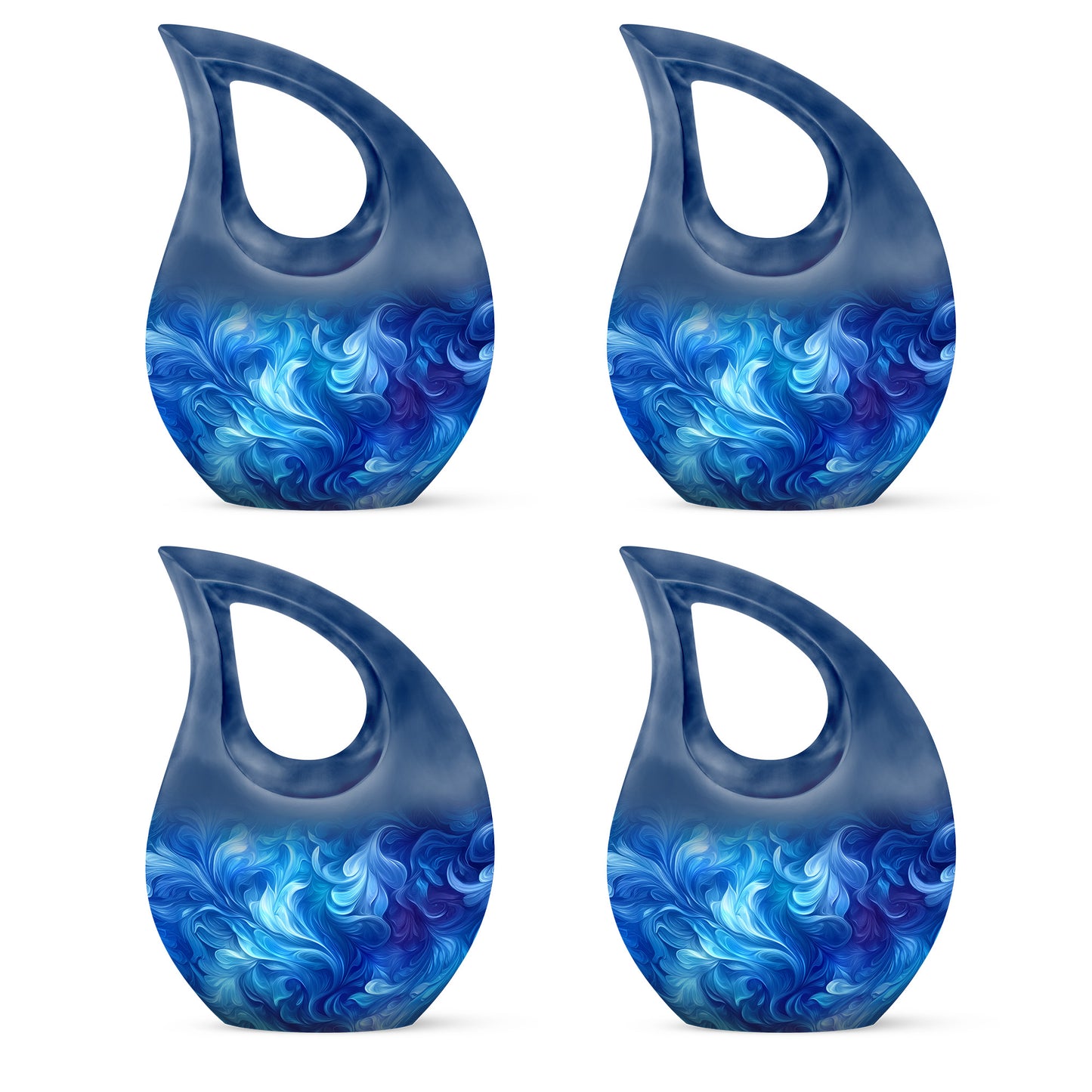Serene Blue Blue Cremation Urn lifestyle display on memorial shelf - faith-inspired cross-drop urn with blue pattern - 10 inch aluminum urn for cremated remains