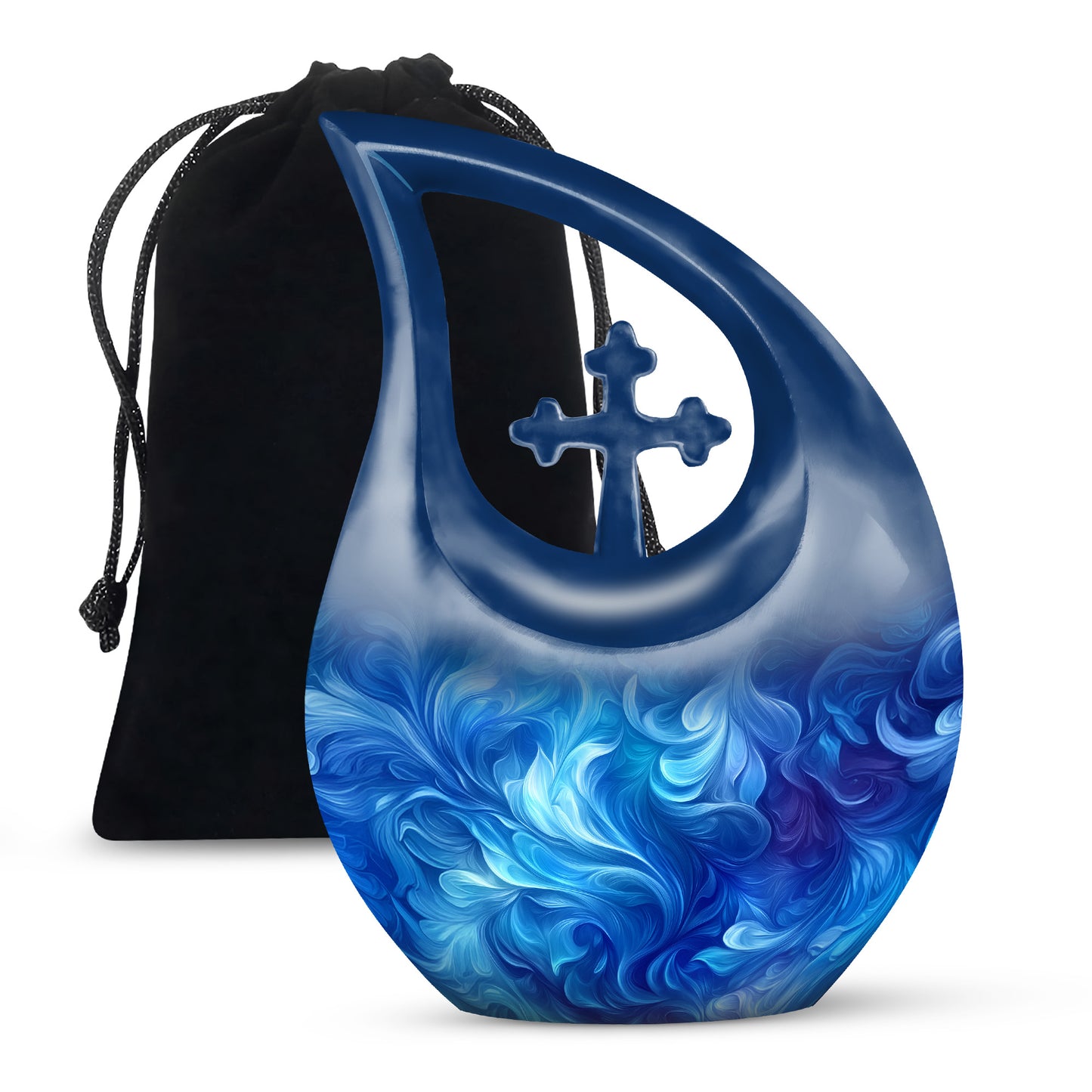 Icy Blue Blue Cremation Urn top-down view of secure threaded lid - cross and blue combined in spiritual memorial design - full-size 10 inch 200 cubic inch adult cremation urn