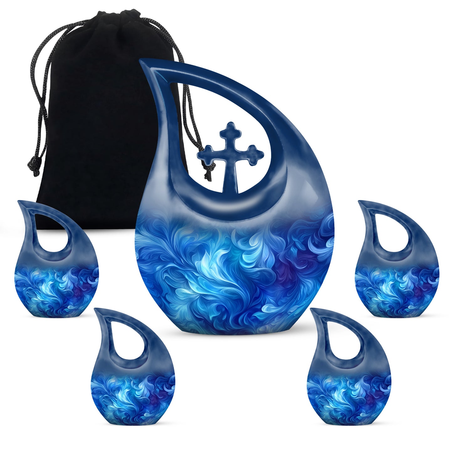 Icy Blue Blue Cremation Urn urn with complimentary velvet bag - cross and blue combined in spiritual memorial design - memorial set with one large and four small urns