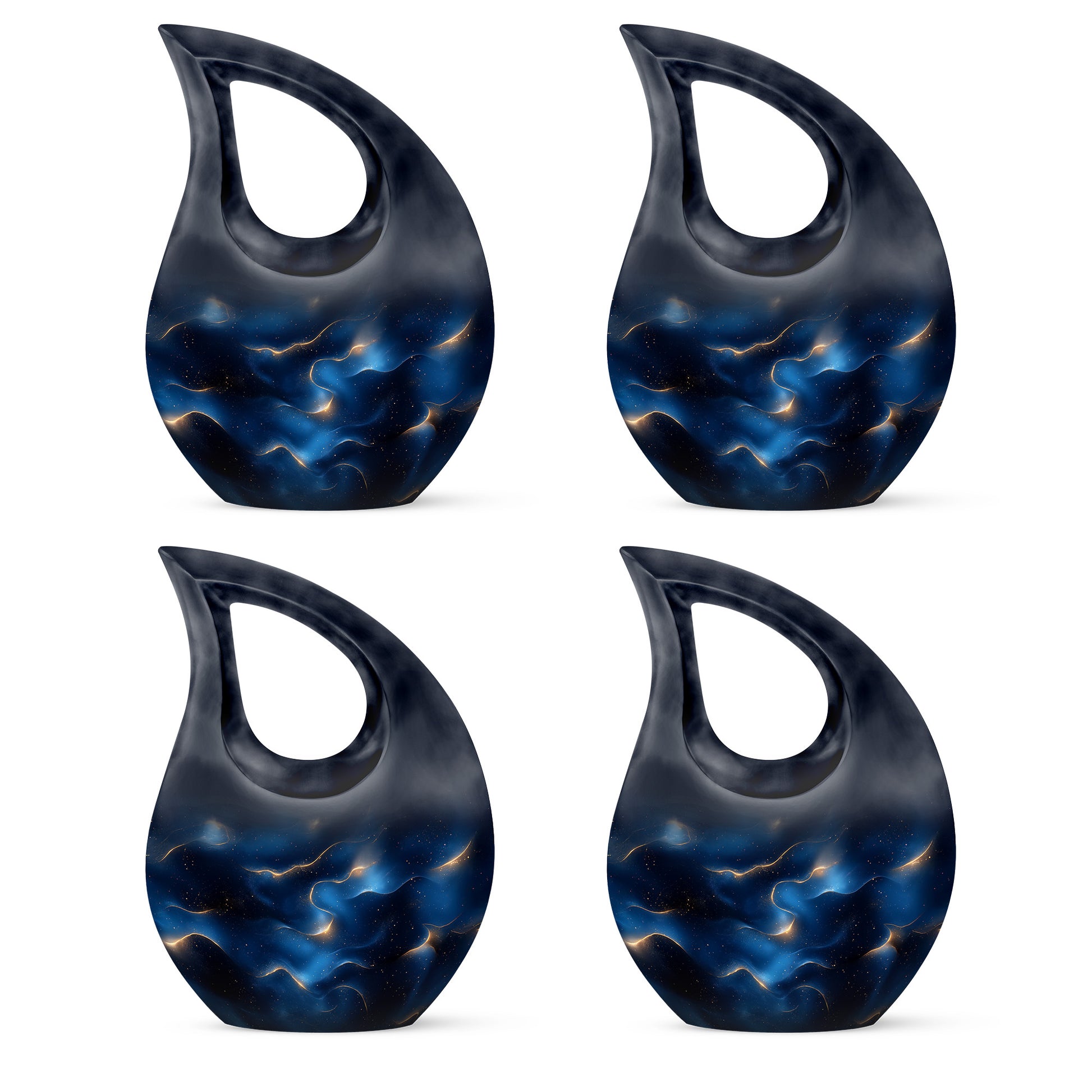 Misty Blue Blue Cremation Urn lifestyle display on memorial shelf - cross and blue combined in spiritual memorial design - 10 inch aluminum urn for cremated remains