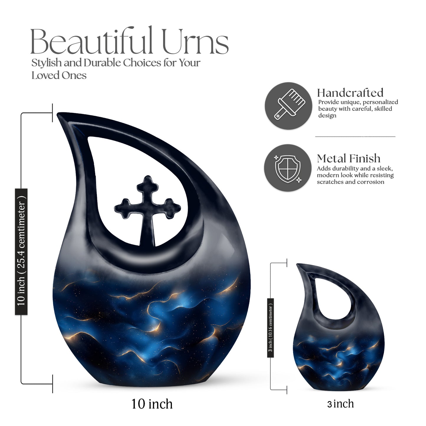 Soft Blue Blue Cremation Urn back view with polished surface - faith-inspired cross-drop urn with blue pattern - mini keepsake memorial for portion of cremation ashes