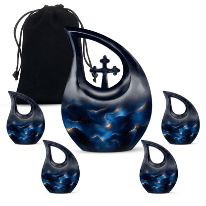 Slate Blue Blue Cremation Urn urn with complimentary velvet bag - sacred cross merged with blue motif on metal - memorial set with one large and four small urns