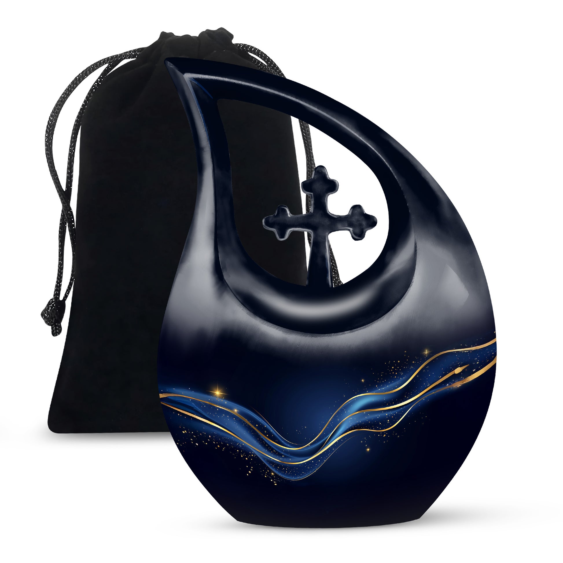 Rich Black Blue Cremation Urn top-down view of secure threaded lid - cross and blue combined in spiritual memorial design - full-size 10 inch 200 cubic inch adult cremation urn