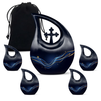 Onyx Black Blue Cremation Urn urn with complimentary velvet bag - faith-inspired cross-drop urn with blue pattern - memorial set with one large and four small urns
