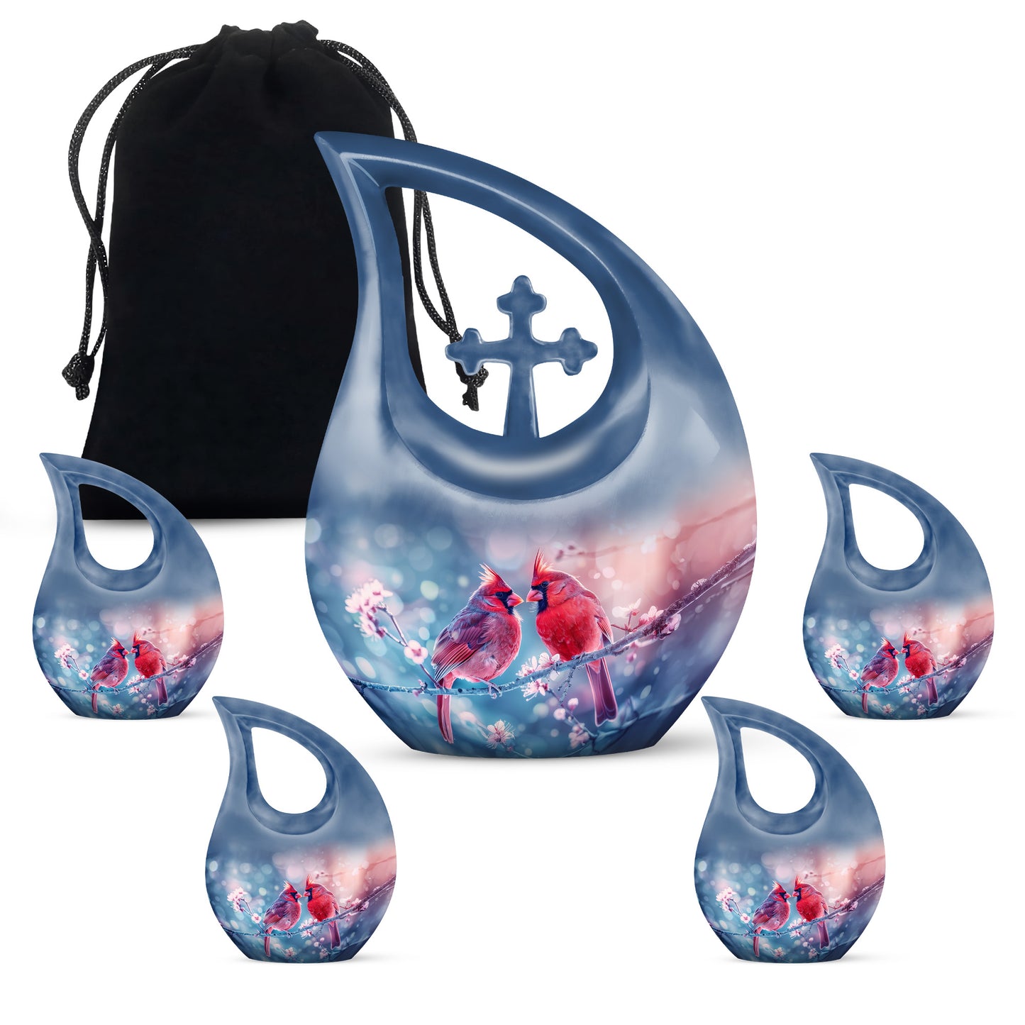 Crimson Red Cardinal Cremation Urn urn with complimentary velvet bag - sacred cross merged with cardinal motif on metal - memorial set with one large and four small urns