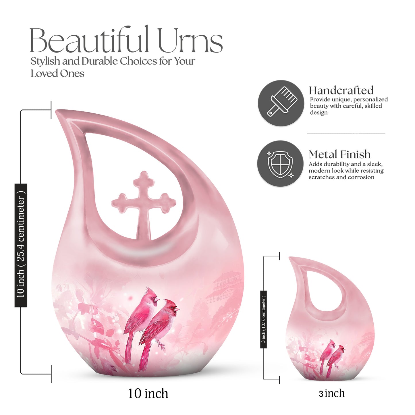 Fiery Red Cardinal Cremation Urn back view with polished surface - faith-inspired cross-drop urn with cardinal pattern - mini keepsake memorial for portion of cremation ashes