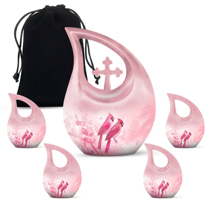 Crimson Red Cardinal Cremation Urn urn with complimentary velvet bag - cross and cardinal combined in spiritual memorial design - memorial set with one large and four small urns