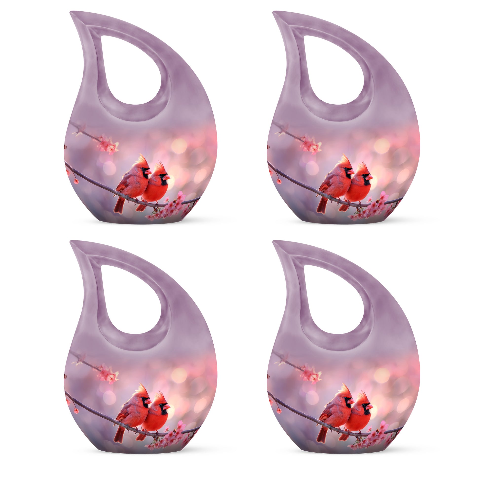 Fiery Red Cardinal Cremation Urn lifestyle display on memorial shelf - faith-inspired cross-drop urn with cardinal pattern - 10 inch aluminum urn for cremated remains