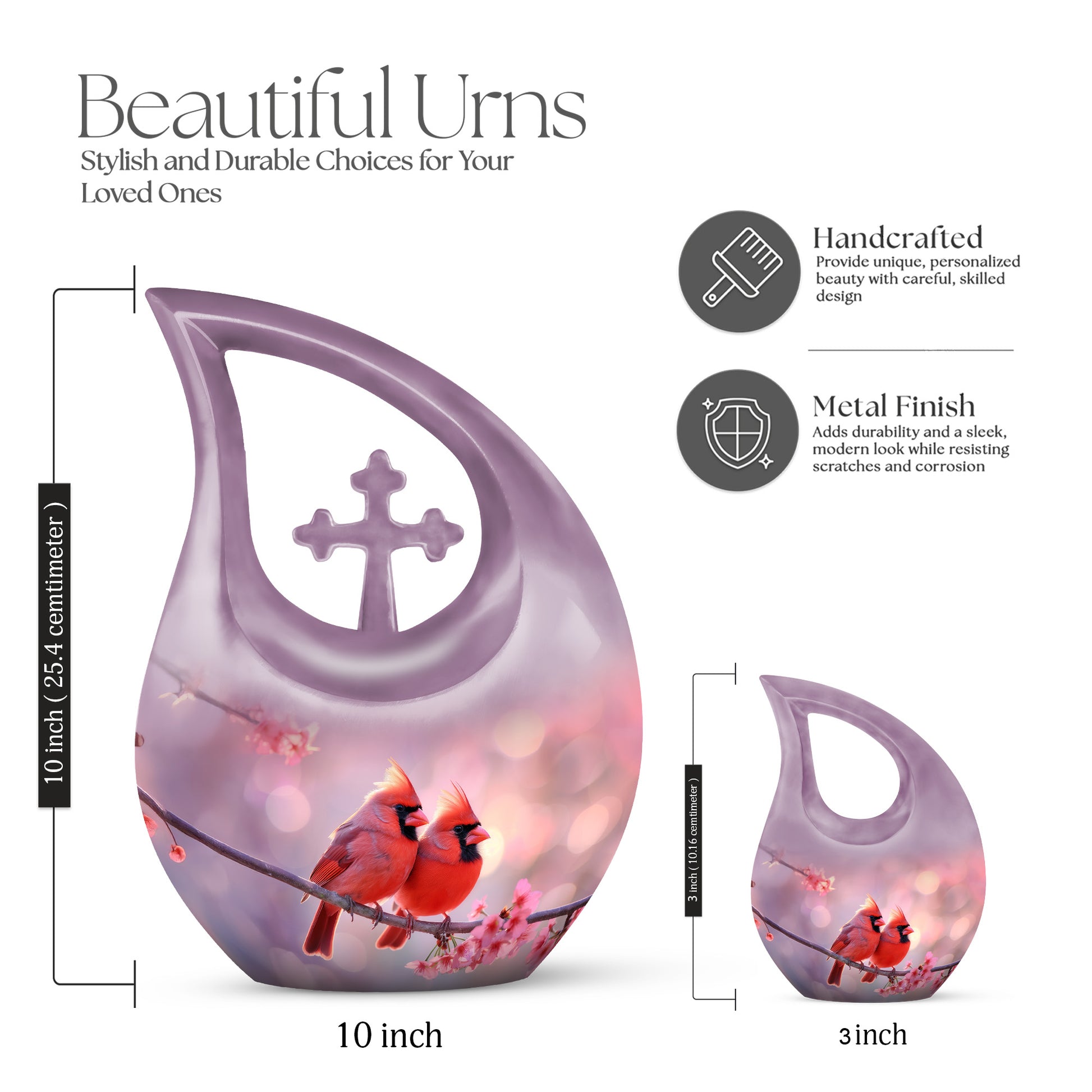 Ruby Red Cardinal Cremation Urn back view with polished surface - devotional cross-drop cardinal engraving - mini keepsake memorial for portion of cremation ashes