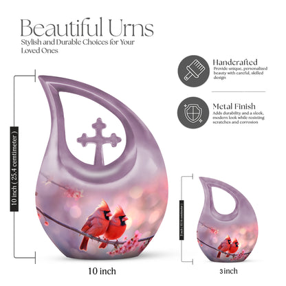 Ruby Red Cardinal Cremation Urn back view with polished surface - devotional cross-drop cardinal engraving - mini keepsake memorial for portion of cremation ashes