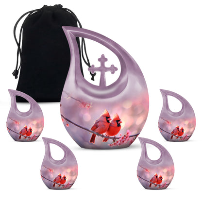 Crimson Red Cardinal Cremation Urn urn with complimentary velvet bag - sacred cross merged with cardinal motif on metal - memorial set with one large and four small urns