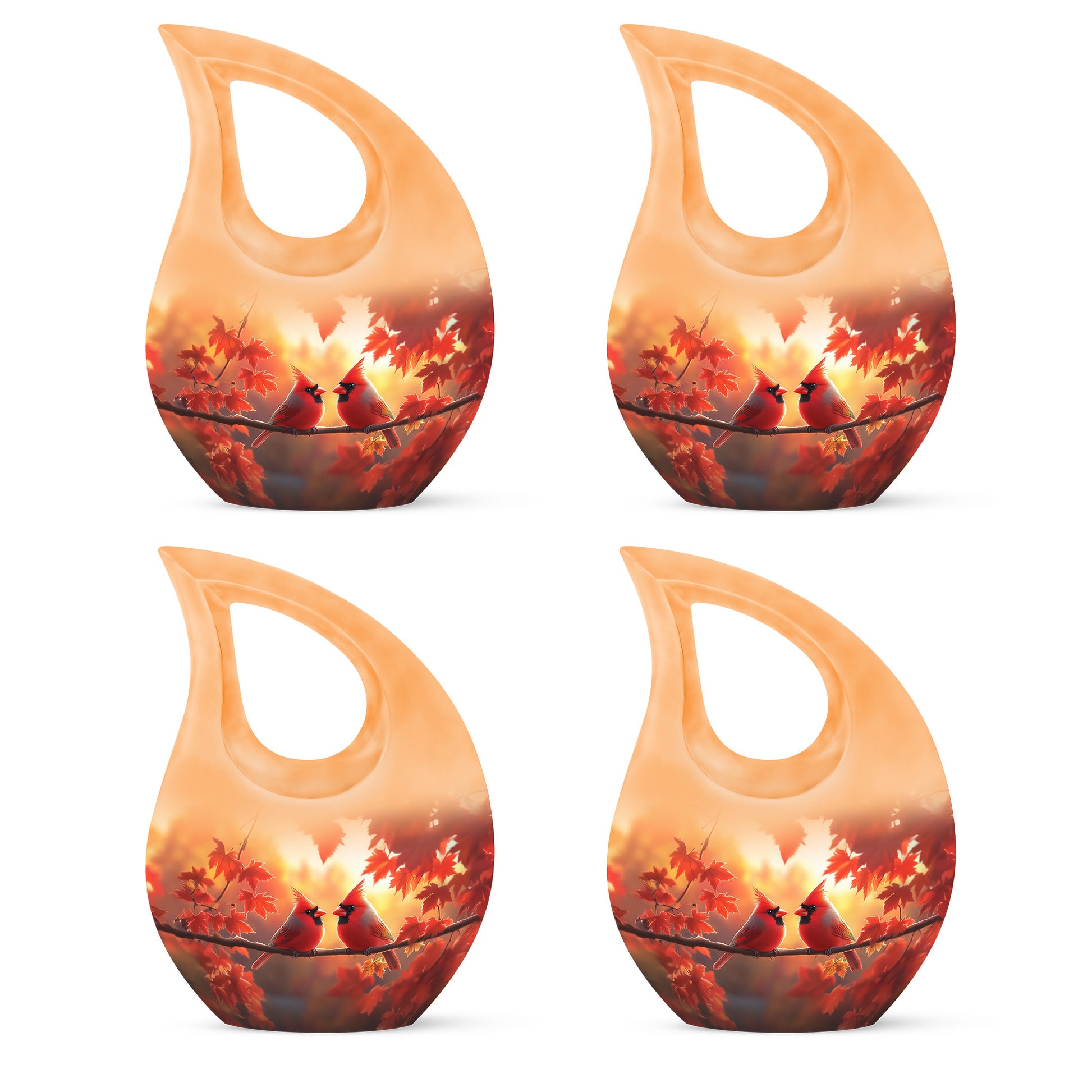 Sunrise Gold Cardinal Cremation Urn lifestyle display on memorial shelf - sacred cross merged with cardinal motif on metal - 10 inch aluminum urn for cremated remains