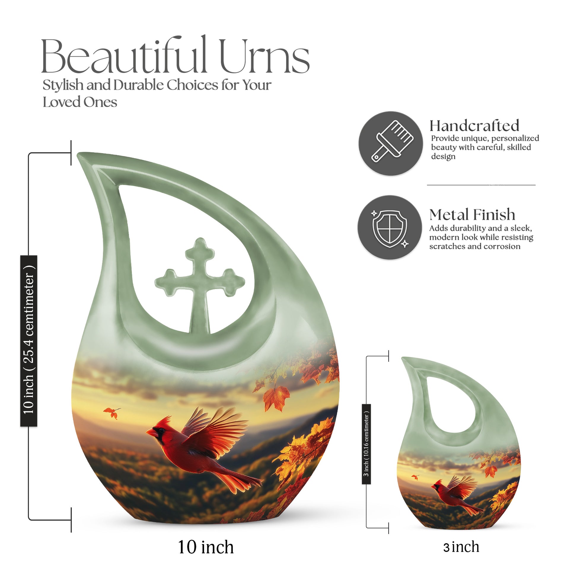 Gilded Gold Cardinal Cremation Urn back view with polished surface - cross and cardinal combined in spiritual memorial design - mini keepsake memorial for portion of cremation ashes
