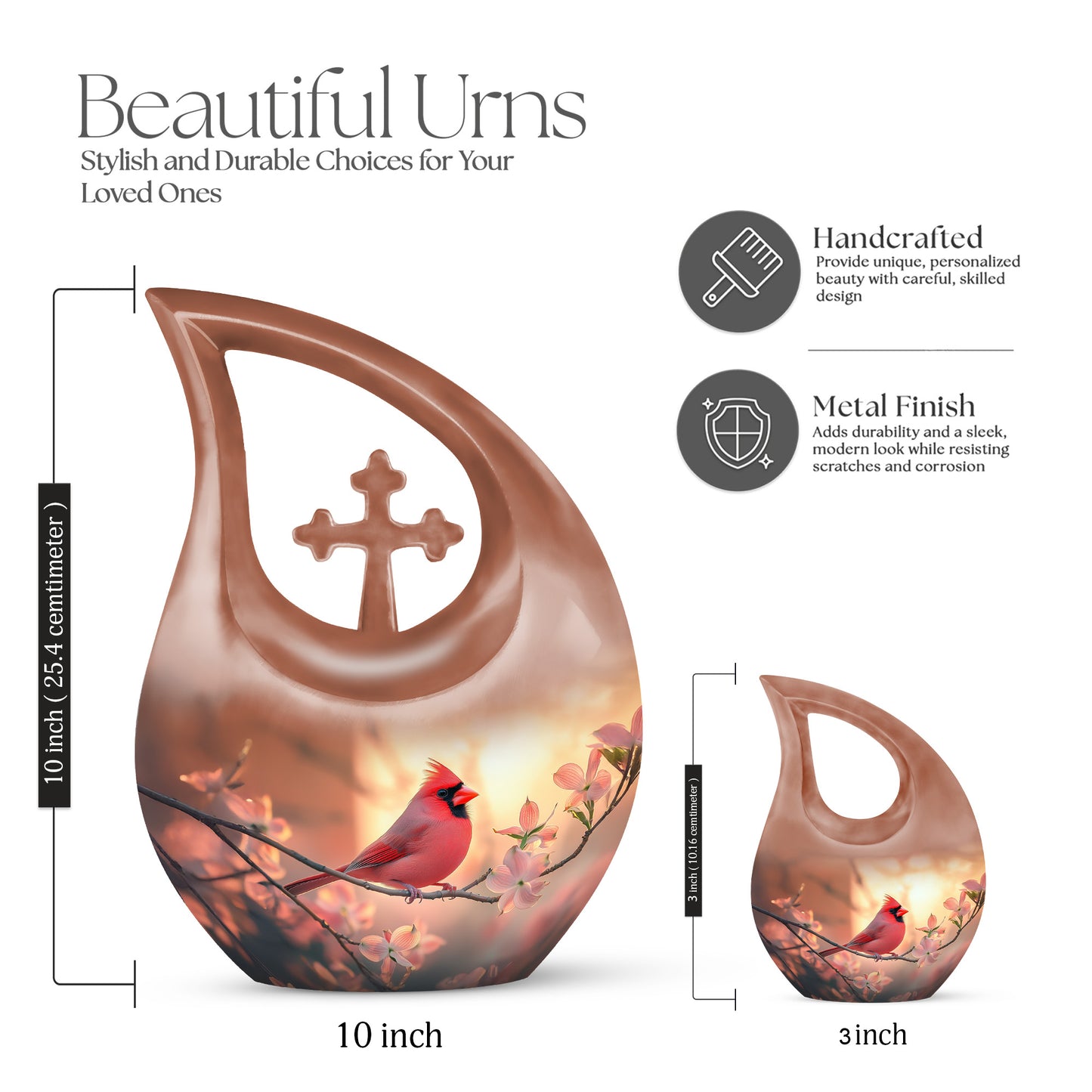 Matte Gold Cardinal Cremation Urn back view with polished surface - faith-inspired cross-drop urn with cardinal pattern - mini keepsake memorial for portion of cremation ashes