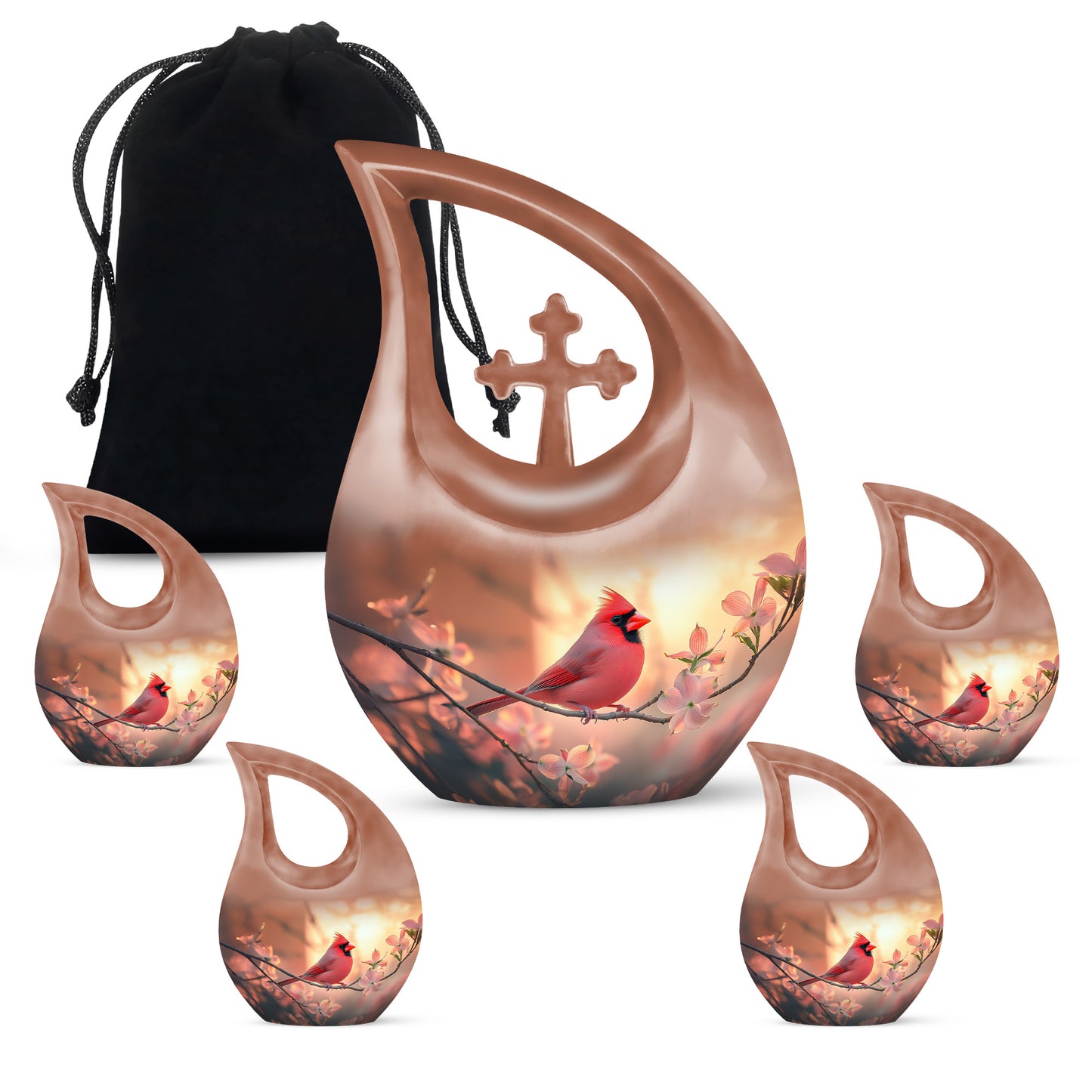 Warm Gold Cardinal Cremation Urn urn with complimentary velvet bag - devotional cross-drop cardinal engraving - memorial set with one large and four small urns